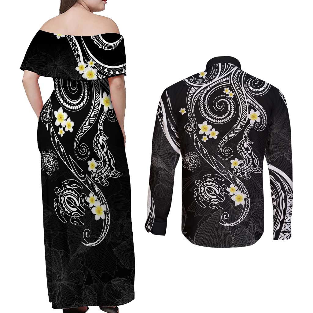 Polynesia Tribal Couples Matching Off Shoulder Maxi Dress and Long Sleeve Button Shirt Tentacles Plumeria
