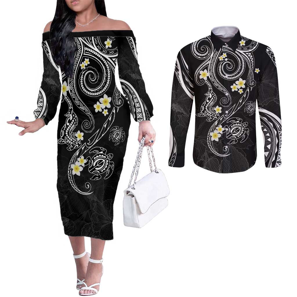 Polynesia Tribal Couples Matching Off The Shoulder Long Sleeve Dress and Long Sleeve Button Shirt Tentacles Plumeria LT7 Black - Polynesian Pride