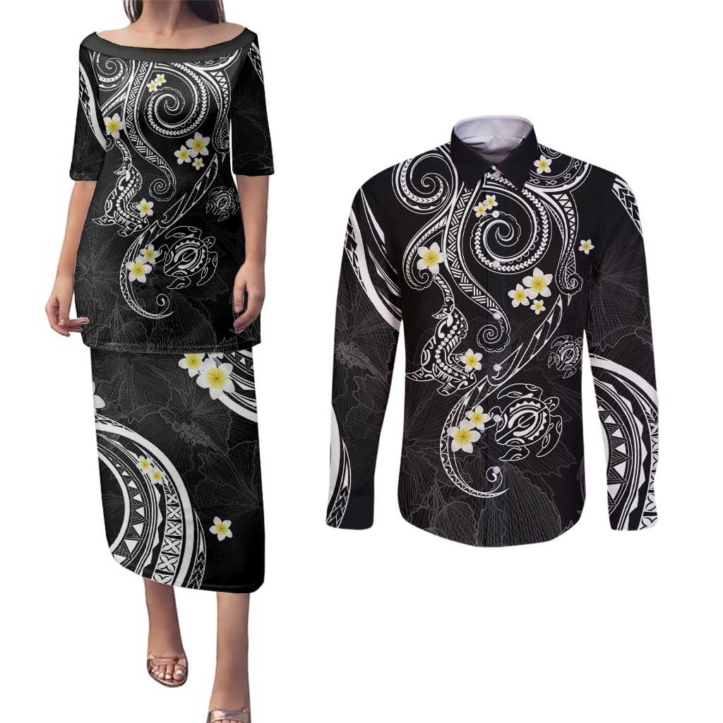 Polynesia Tribal Couples Matching Puletasi and Long Sleeve Button Shirt Tentacles Plumeria LT7 Black - Polynesian Pride