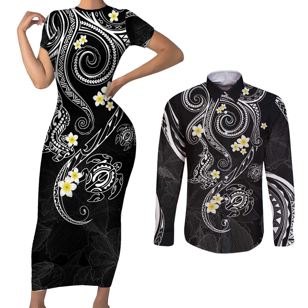 Polynesia Tribal Couples Matching Short Sleeve Bodycon Dress and Long Sleeve Button Shirt Tentacles Plumeria