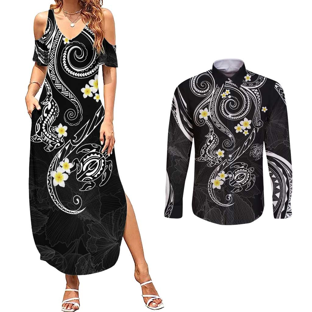Polynesia Tribal Couples Matching Summer Maxi Dress and Long Sleeve Button Shirt Tentacles Plumeria LT7 Black - Polynesian Pride