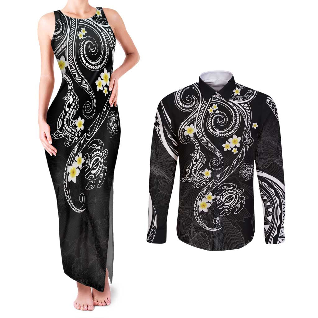 Polynesia Tribal Couples Matching Tank Maxi Dress and Long Sleeve Button Shirt Tentacles Plumeria LT7 Black - Polynesian Pride