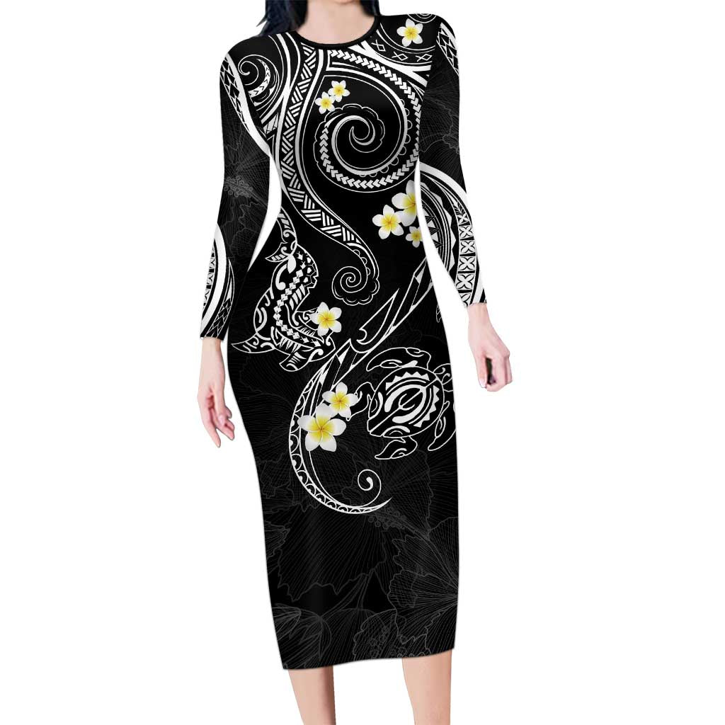 Polynesia Tribal Family Matching Long Sleeve Bodycon Dress and Hawaiian Shirt Tentacles Plumeria LT7 Mom's Dress Black - Polynesian Pride