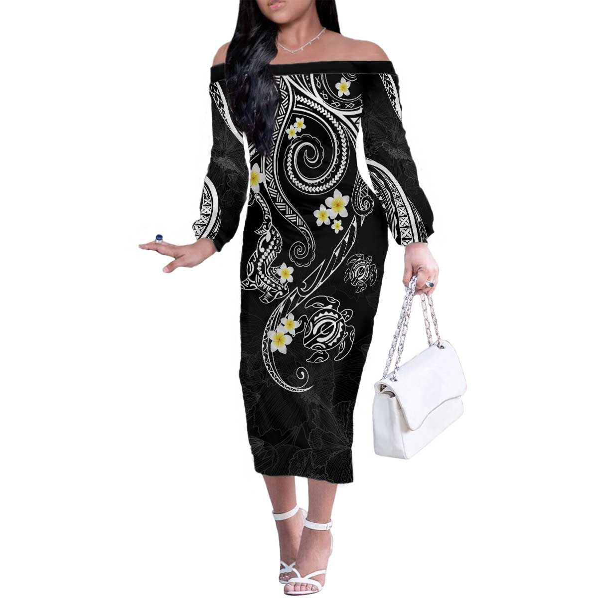 Polynesia Tribal Family Matching Off The Shoulder Long Sleeve Dress and Hawaiian Shirt Tentacles Plumeria LT7 - Polynesian Pride