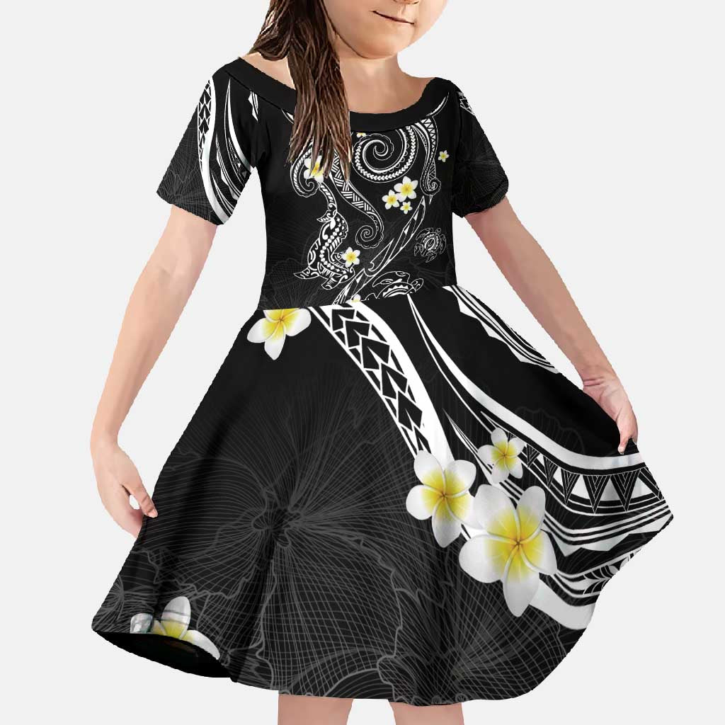 Polynesia Tribal Family Matching Off Shoulder Maxi Dress and Hawaiian Shirt Tentacles Plumeria LT7 Daughter's Dress Black - Polynesian Pride