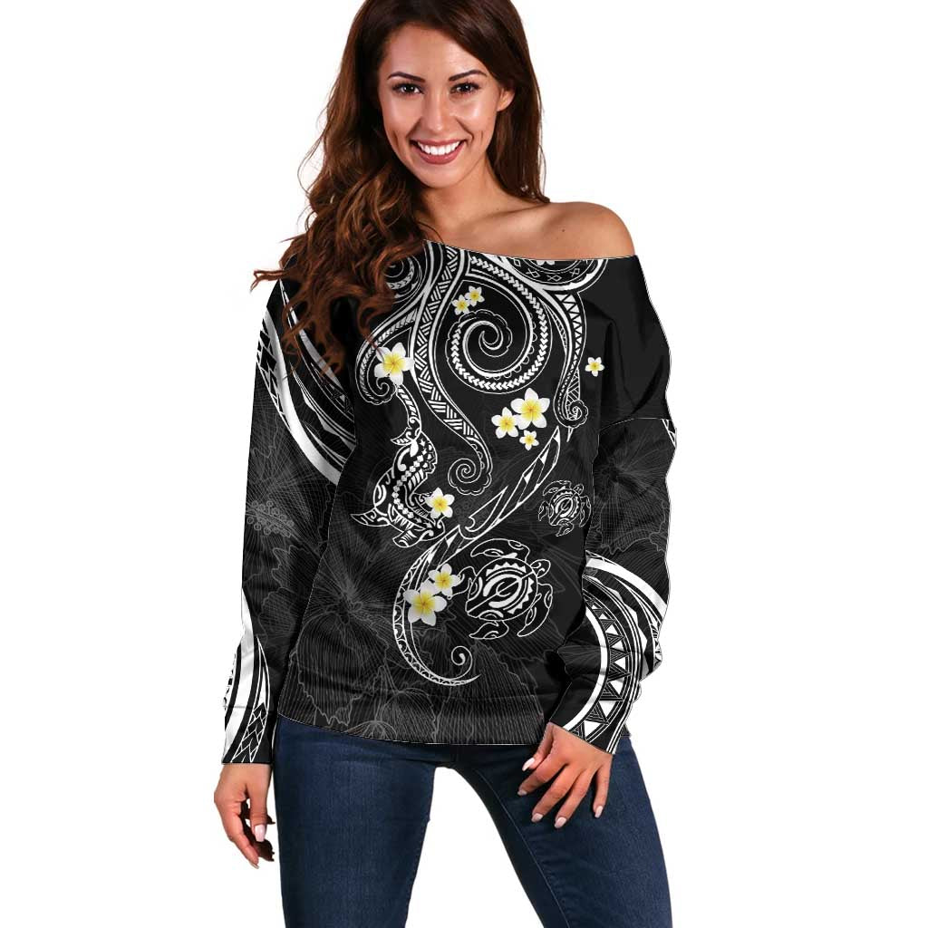 Polynesia Tribal Off Shoulder Sweater Tentacles Plumeria LT7 Women Black - Polynesian Pride