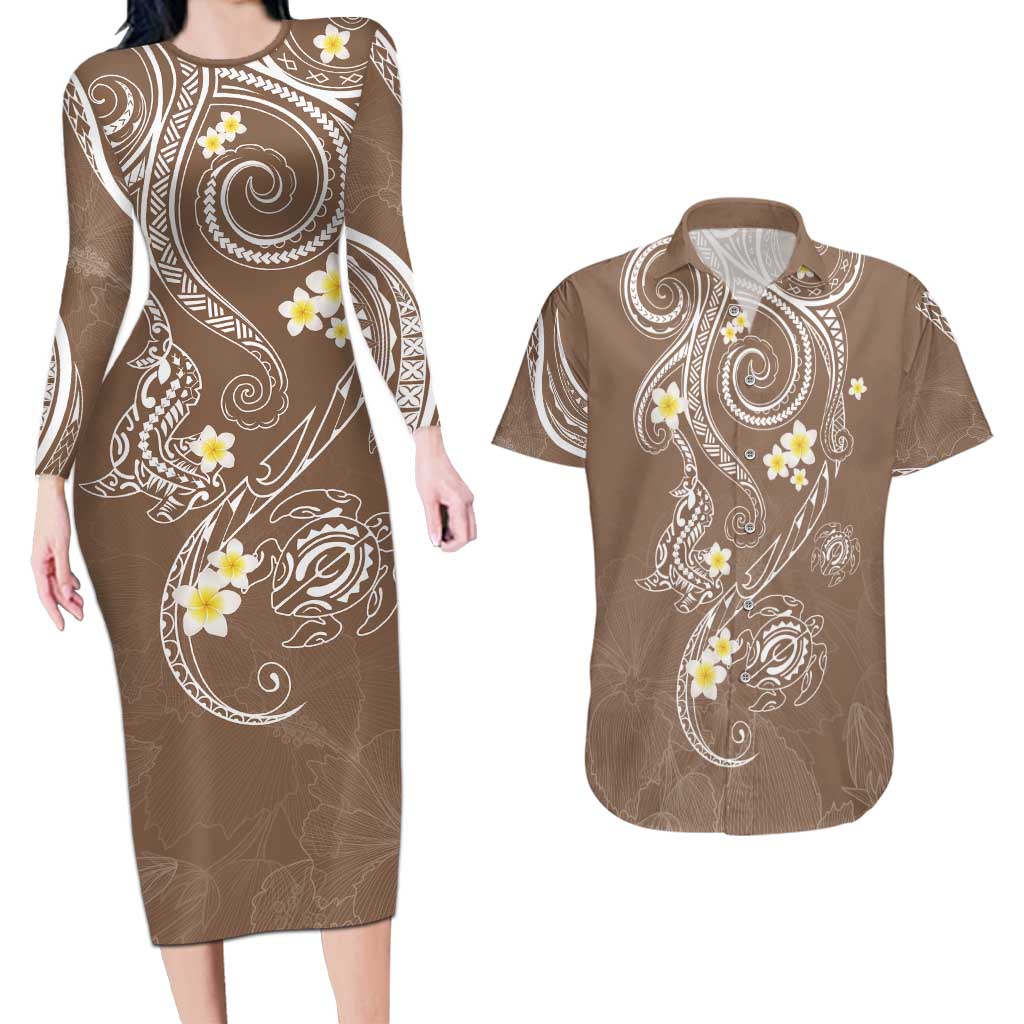 Polynesia Tribal Couples Matching Long Sleeve Bodycon Dress and Hawaiian Shirt Mocha Plumeria Tentacles LT7 Mocha - Polynesian Pride