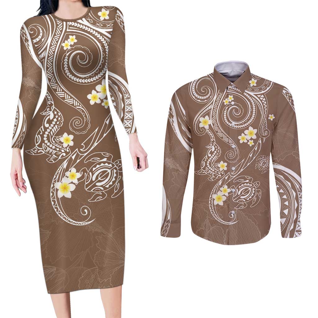 Polynesia Tribal Couples Matching Long Sleeve Bodycon Dress and Long Sleeve Button Shirt Mocha Plumeria Tentacles LT7 Mocha - Polynesian Pride