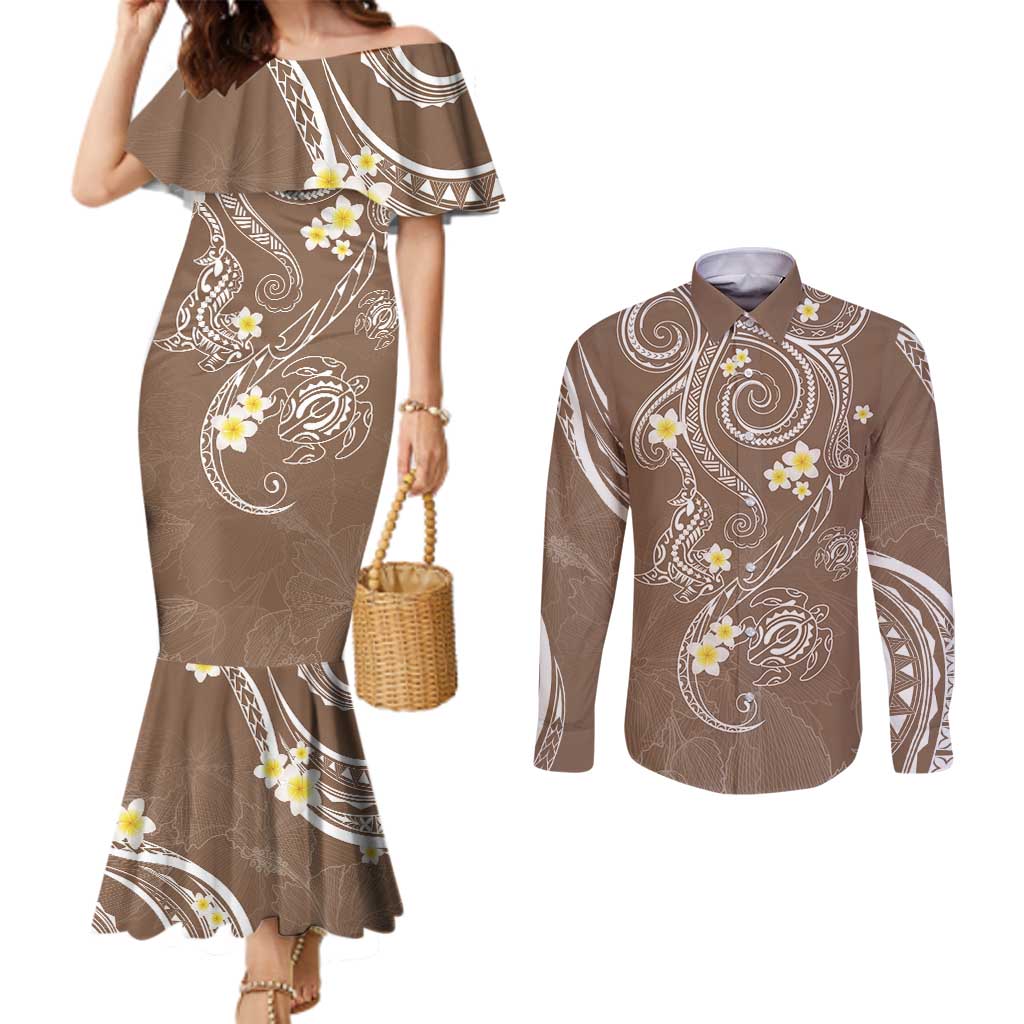 Polynesia Tribal Couples Matching Mermaid Dress and Long Sleeve Button Shirt Mocha Plumeria Tentacles LT7 Mocha - Polynesian Pride