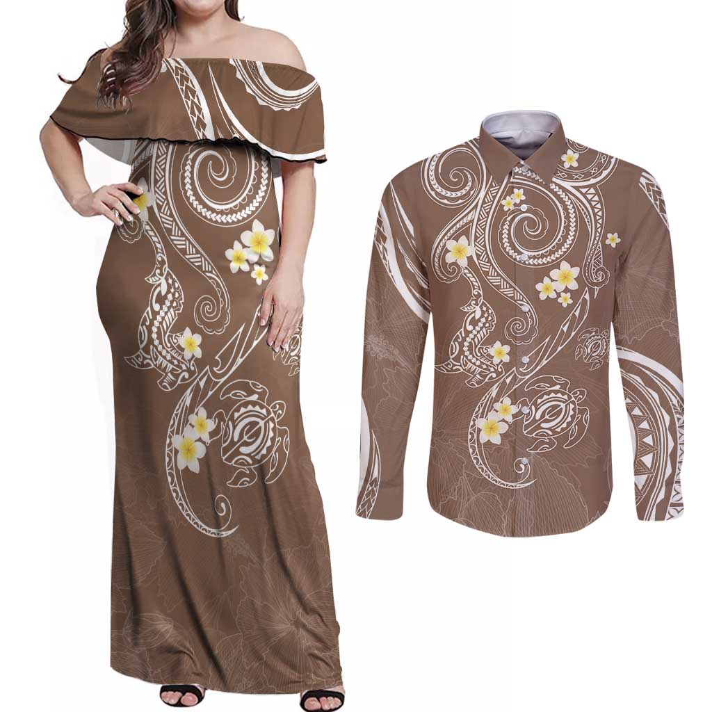 Polynesia Tribal Couples Matching Off Shoulder Maxi Dress and Long Sleeve Button Shirt Mocha Plumeria Tentacles LT7 Mocha - Polynesian Pride