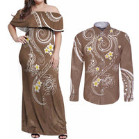 Polynesia Tribal Couples Matching Off Shoulder Maxi Dress and Long Sleeve Button Shirt Mocha Plumeria Tentacles