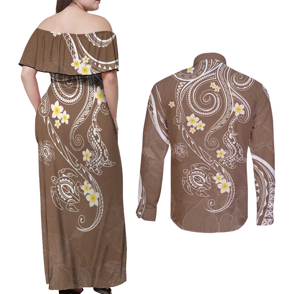 Polynesia Tribal Couples Matching Off Shoulder Maxi Dress and Long Sleeve Button Shirt Mocha Plumeria Tentacles