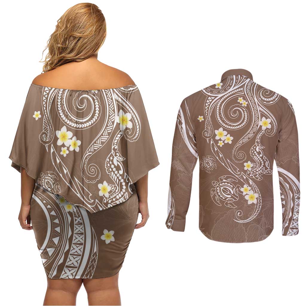 Polynesia Tribal Couples Matching Off Shoulder Short Dress and Long Sleeve Button Shirt Mocha Plumeria Tentacles