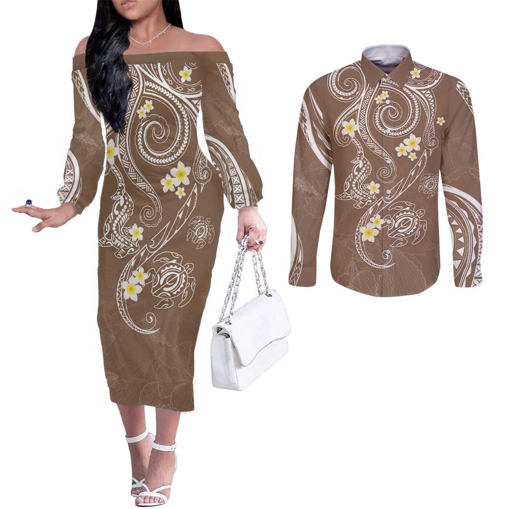 Polynesia Tribal Couples Matching Off The Shoulder Long Sleeve Dress and Long Sleeve Button Shirt Mocha Plumeria Tentacles LT7 Mocha - Polynesian Pride