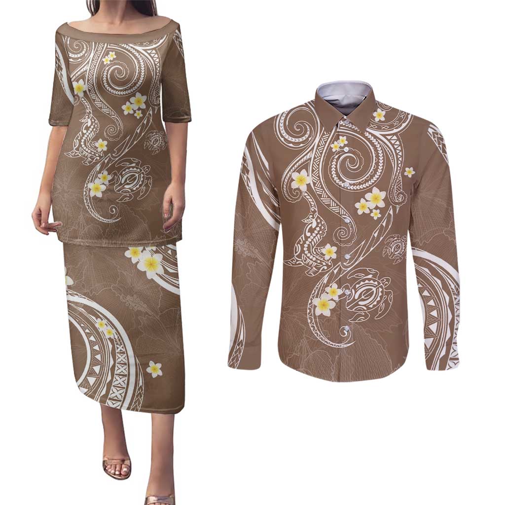 Polynesia Tribal Couples Matching Puletasi and Long Sleeve Button Shirt Mocha Plumeria Tentacles LT7 Mocha - Polynesian Pride