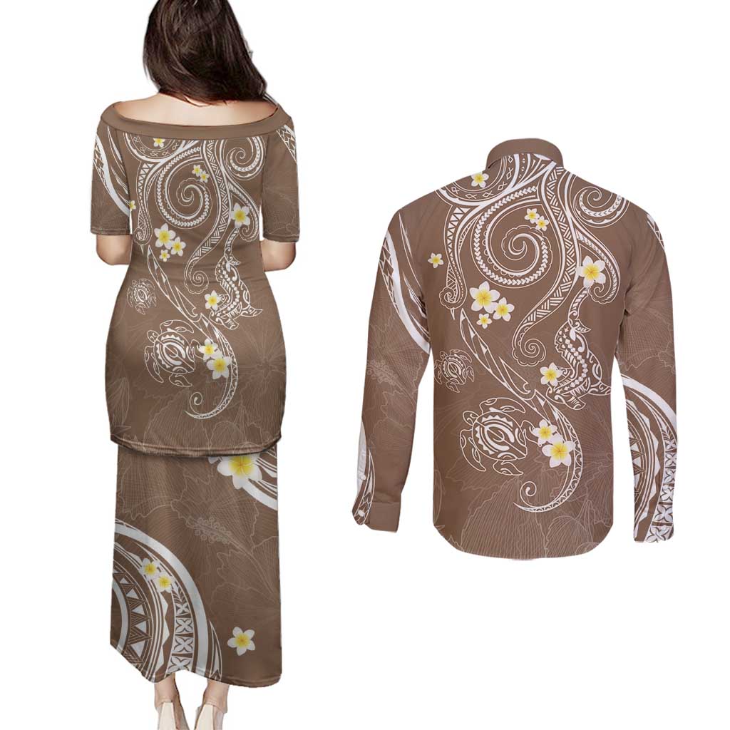 Polynesia Tribal Couples Matching Puletasi and Long Sleeve Button Shirt Mocha Plumeria Tentacles