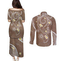 Polynesia Tribal Couples Matching Puletasi and Long Sleeve Button Shirt Mocha Plumeria Tentacles