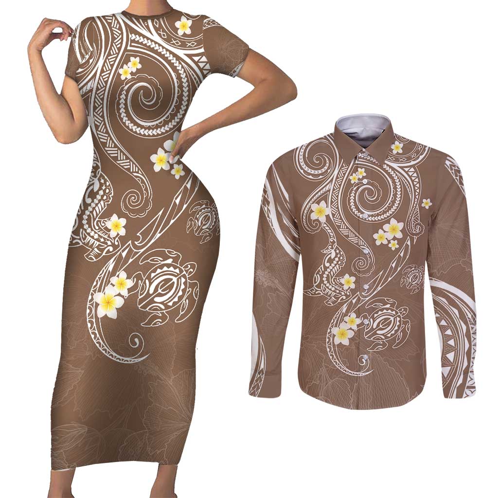 Polynesia Tribal Couples Matching Short Sleeve Bodycon Dress and Long Sleeve Button Shirt Mocha Plumeria Tentacles