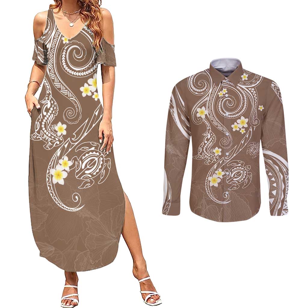 Polynesia Tribal Couples Matching Summer Maxi Dress and Long Sleeve Button Shirt Mocha Plumeria Tentacles LT7 Mocha - Polynesian Pride