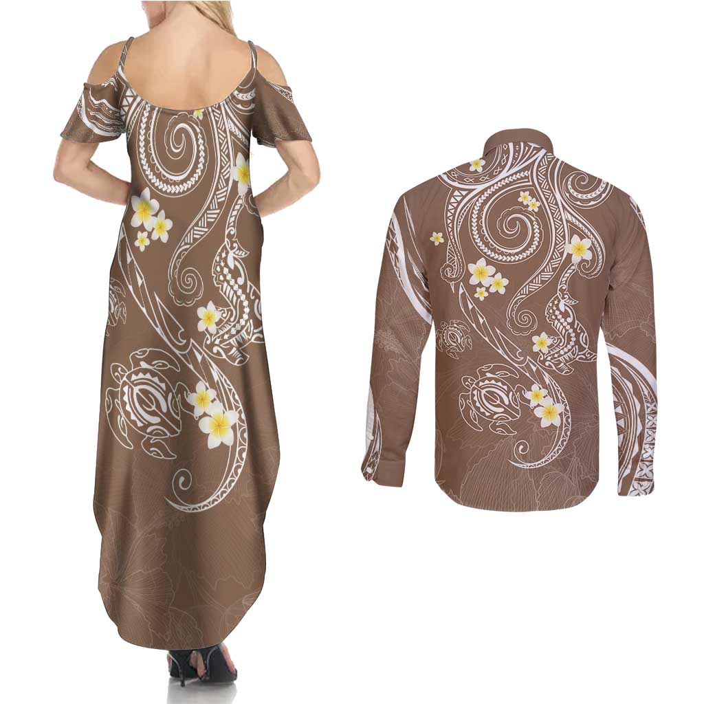 Polynesia Tribal Couples Matching Summer Maxi Dress and Long Sleeve Button Shirt Mocha Plumeria Tentacles