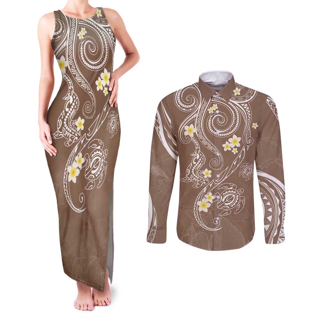 Polynesia Tribal Couples Matching Tank Maxi Dress and Long Sleeve Button Shirt Mocha Plumeria Tentacles LT7 Mocha - Polynesian Pride