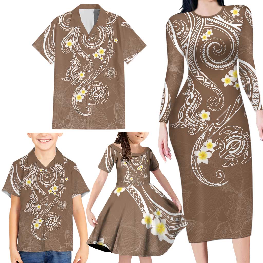Polynesia Tribal Family Matching Long Sleeve Bodycon Dress and Hawaiian Shirt Mocha Plumeria Tentacles LT7 - Polynesian Pride