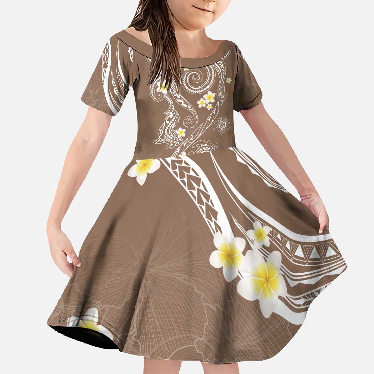 Polynesia Tribal Family Matching Off The Shoulder Long Sleeve Dress and Hawaiian Shirt Mocha Plumeria Tentacles LT7 - Polynesian Pride