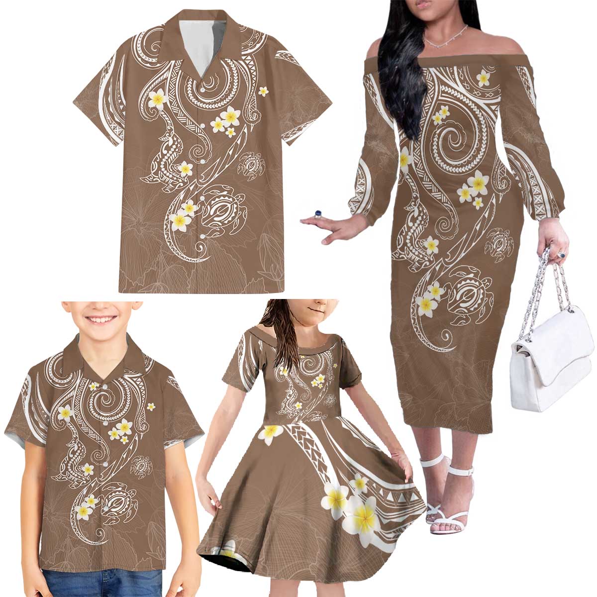 Polynesia Tribal Family Matching Off The Shoulder Long Sleeve Dress and Hawaiian Shirt Mocha Plumeria Tentacles LT7 Mocha - Polynesian Pride