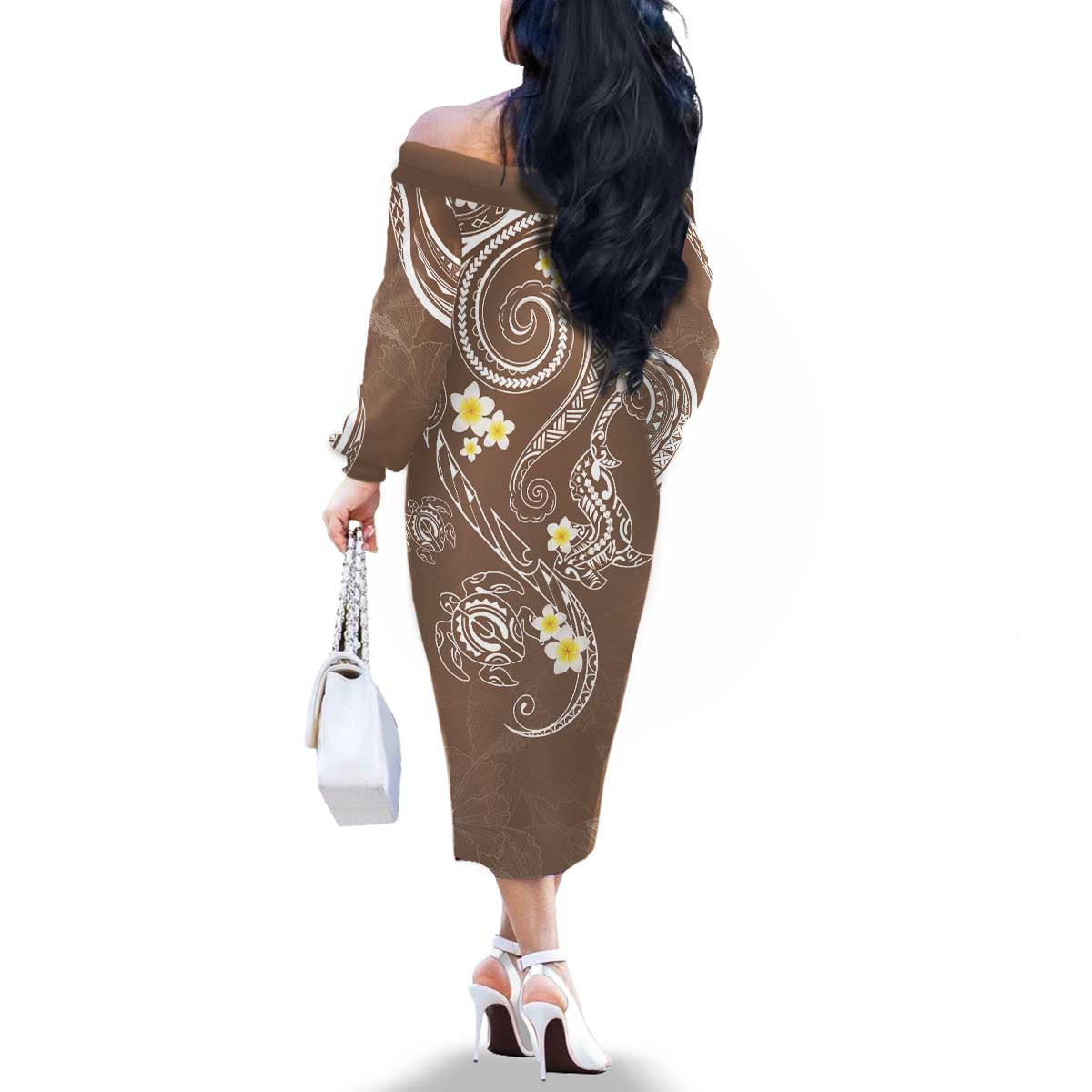 Polynesia Tribal Family Matching Off The Shoulder Long Sleeve Dress and Hawaiian Shirt Mocha Plumeria Tentacles LT7 - Polynesian Pride
