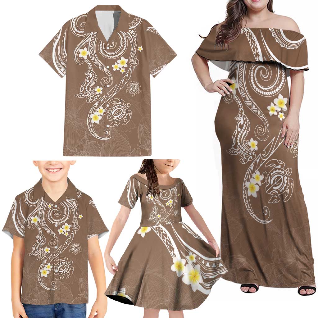 Polynesia Tribal Family Matching Off Shoulder Maxi Dress and Hawaiian Shirt Mocha Plumeria Tentacles LT7 - Polynesian Pride