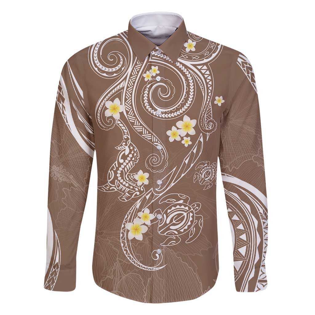 Polynesia Tribal Family Matching Off Shoulder Maxi Dress and Hawaiian Shirt Mocha Plumeria Tentacles LT7 Dad's Shirt - Long Sleeve Mocha - Polynesian Pride