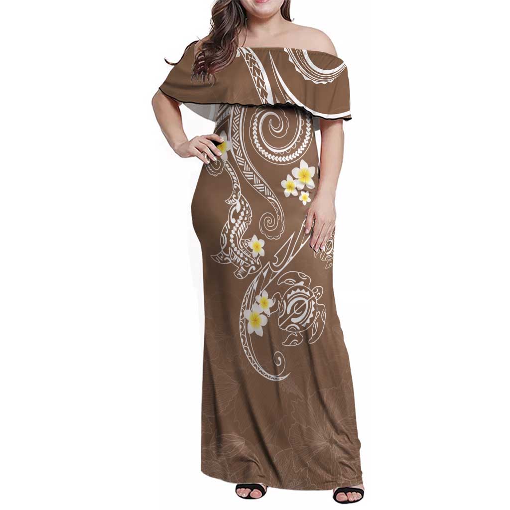 Polynesia Tribal Family Matching Off Shoulder Maxi Dress and Hawaiian Shirt Mocha Plumeria Tentacles LT7 Mom's Dress Mocha - Polynesian Pride