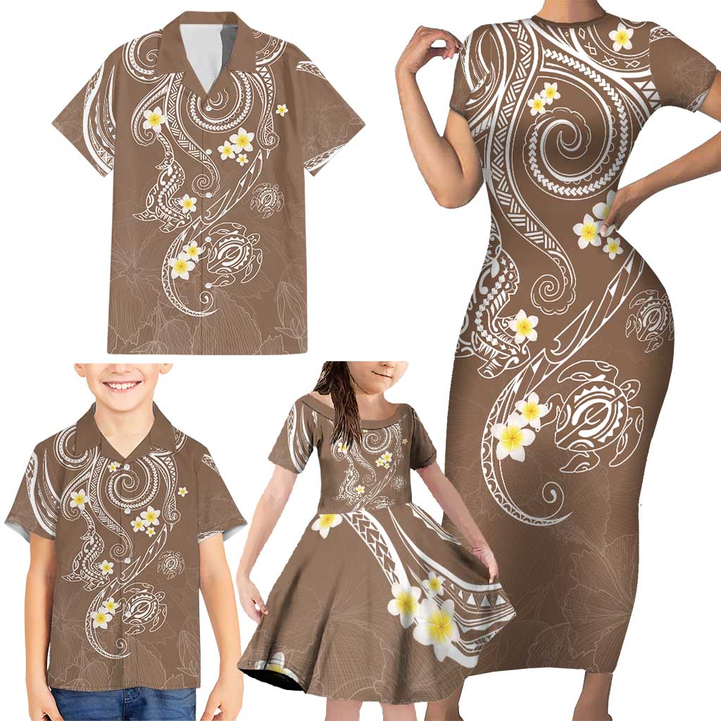 Polynesia Tribal Family Matching Short Sleeve Bodycon Dress and Hawaiian Shirt Mocha Plumeria Tentacles LT7 - Polynesian Pride