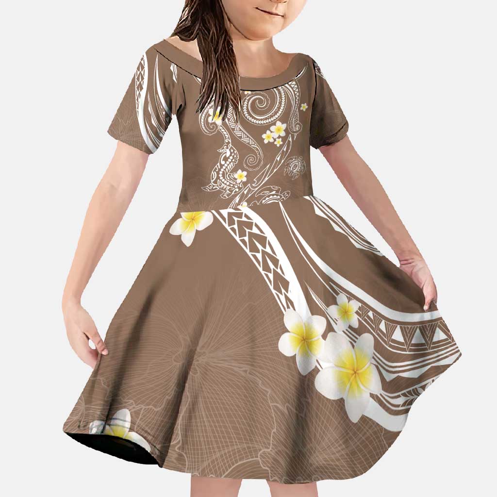 Polynesia Tribal Family Matching Summer Maxi Dress and Hawaiian Shirt Mocha Plumeria Tentacles LT7 Daughter's Dress Mocha - Polynesian Pride