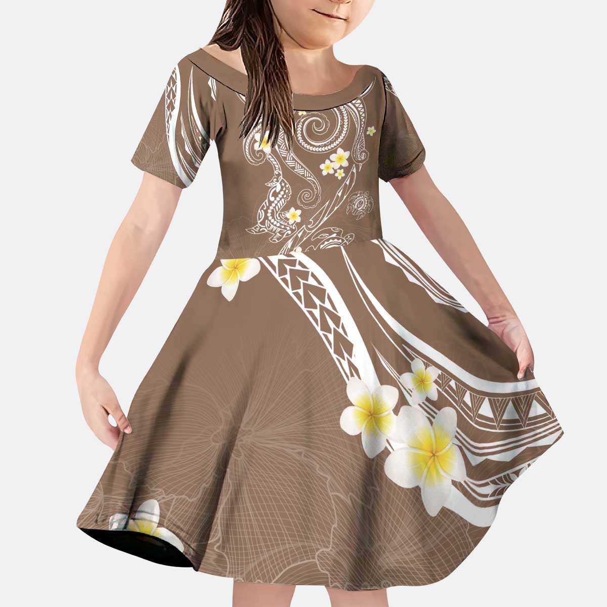 Polynesia Tribal Kid Short Sleeve Dress Mocha Plumeria Tentacles LT7 KID Mocha - Polynesian Pride
