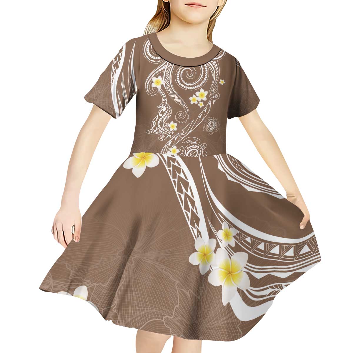 Polynesia Tribal Kid Short Sleeve Dress Mocha Plumeria Tentacles LT7 - Polynesian Pride