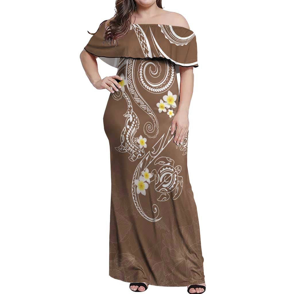 Polynesia Tribal Off Shoulder Maxi Dress Mocha Plumeria Tentacles LT7 Women Mocha - Polynesian Pride