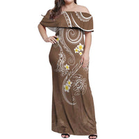 Polynesia Tribal Off Shoulder Maxi Dress Mocha Plumeria Tentacles LT7 Women Mocha - Polynesian Pride