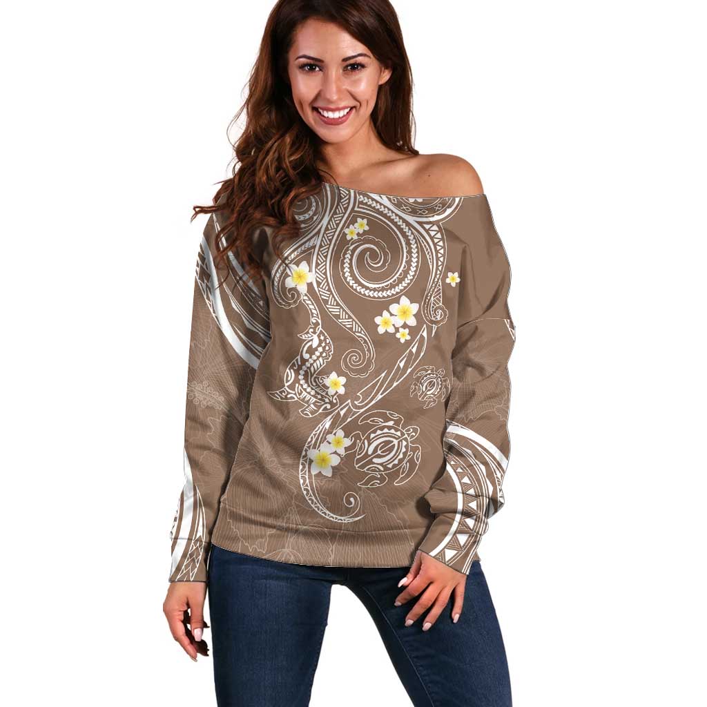 Polynesia Tribal Off Shoulder Sweater Mocha Plumeria Tentacles LT7 Women Mocha - Polynesian Pride