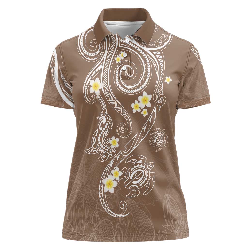 Polynesia Tribal Women Polo Shirt Mocha Plumeria Tentacles