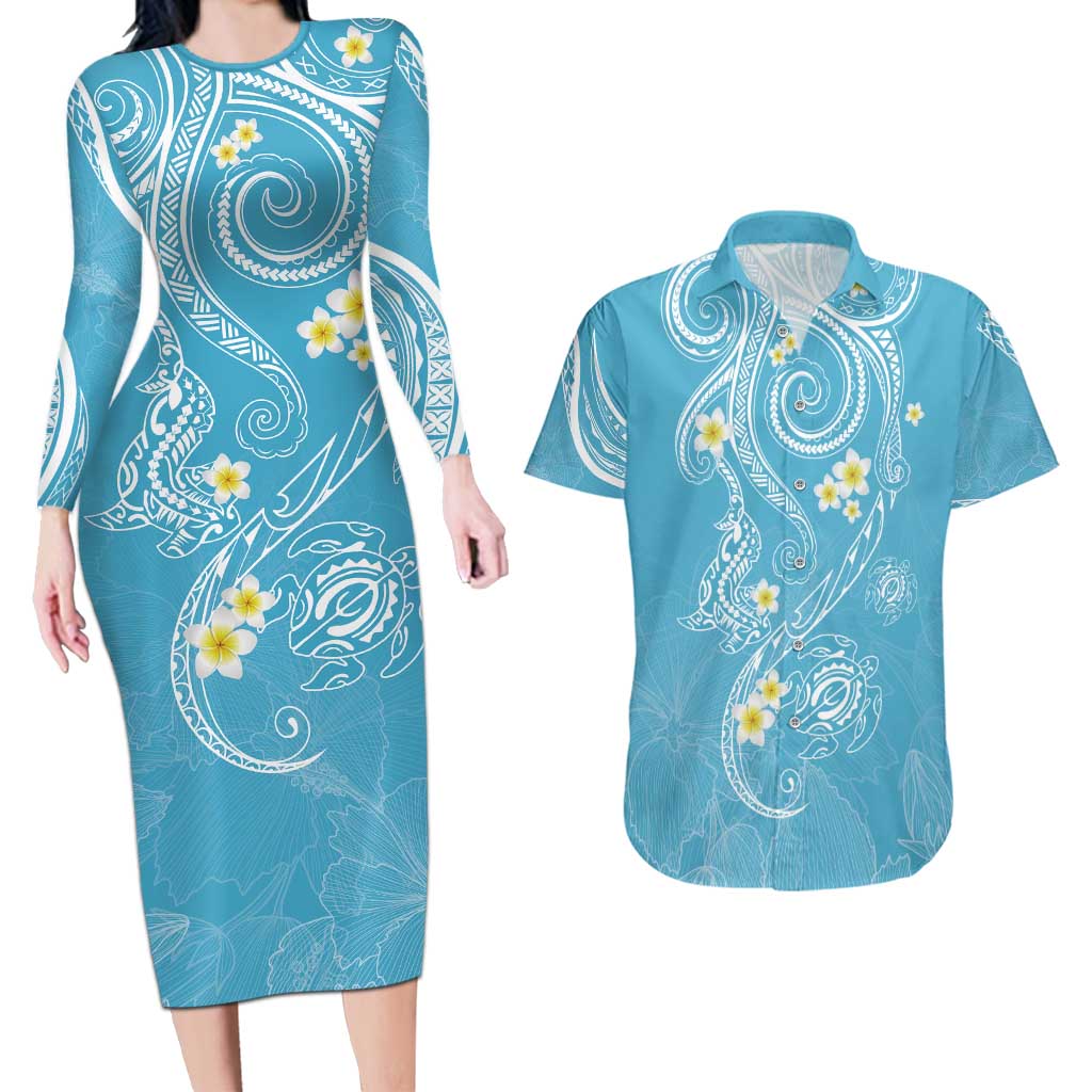 Polynesia Tribal Couples Matching Long Sleeve Bodycon Dress and Hawaiian Shirt Turquoise Plumeria Tentacles LT7 Turquoise - Polynesian Pride