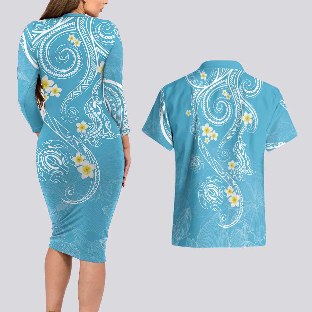 Polynesia Tribal Couples Matching Long Sleeve Bodycon Dress and Hawaiian Shirt Turquoise Plumeria Tentacles LT7 - Polynesian Pride