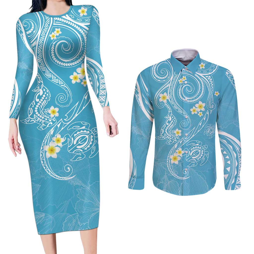 Polynesia Tribal Couples Matching Long Sleeve Bodycon Dress and Long Sleeve Button Shirt Turquoise Plumeria Tentacles LT7 Turquoise - Polynesian Pride