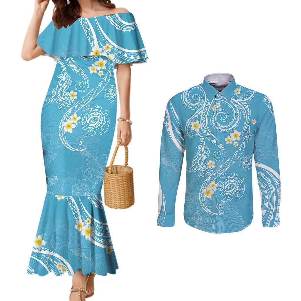 Polynesia Tribal Couples Matching Mermaid Dress and Long Sleeve Button Shirt Turquoise Plumeria Tentacles LT7 Turquoise - Polynesian Pride