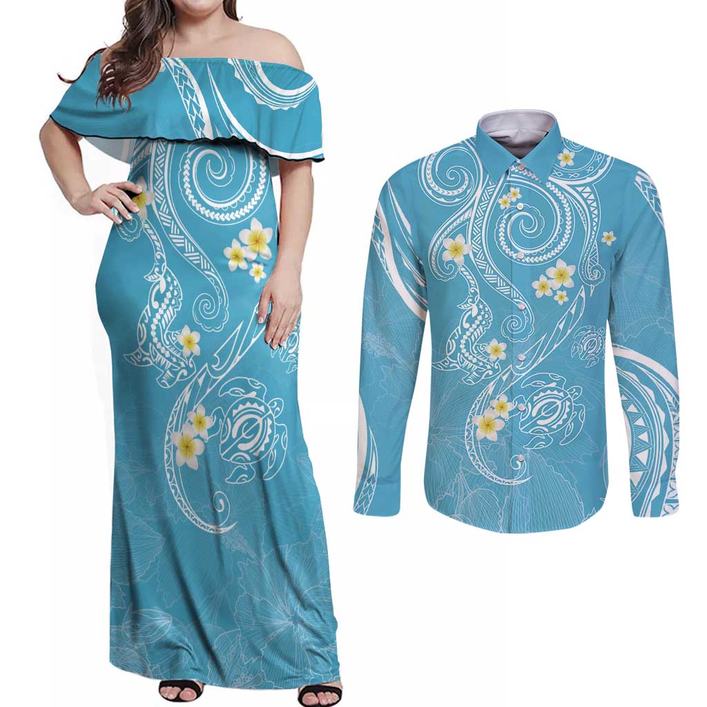 Polynesia Tribal Couples Matching Off Shoulder Maxi Dress and Long Sleeve Button Shirt Turquoise Plumeria Tentacles LT7 Turquoise - Polynesian Pride