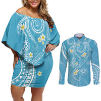 Polynesia Tribal Couples Matching Off Shoulder Short Dress and Long Sleeve Button Shirt Turquoise Plumeria Tentacles LT7 Turquoise - Polynesian Pride