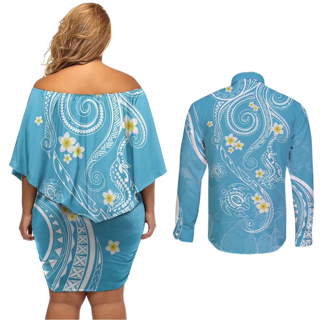 Polynesia Tribal Couples Matching Off Shoulder Short Dress and Long Sleeve Button Shirt Turquoise Plumeria Tentacles LT7 - Polynesian Pride