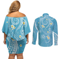 Polynesia Tribal Couples Matching Off Shoulder Short Dress and Long Sleeve Button Shirt Turquoise Plumeria Tentacles LT7 - Polynesian Pride