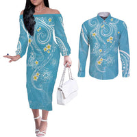 Polynesia Tribal Couples Matching Off The Shoulder Long Sleeve Dress and Long Sleeve Button Shirt Turquoise Plumeria Tentacles