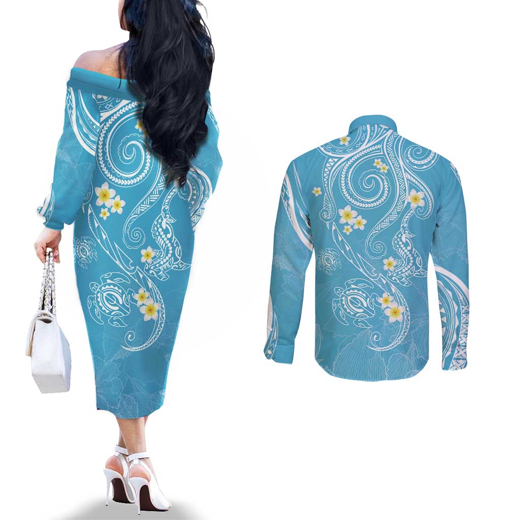 Polynesia Tribal Couples Matching Off The Shoulder Long Sleeve Dress and Long Sleeve Button Shirt Turquoise Plumeria Tentacles